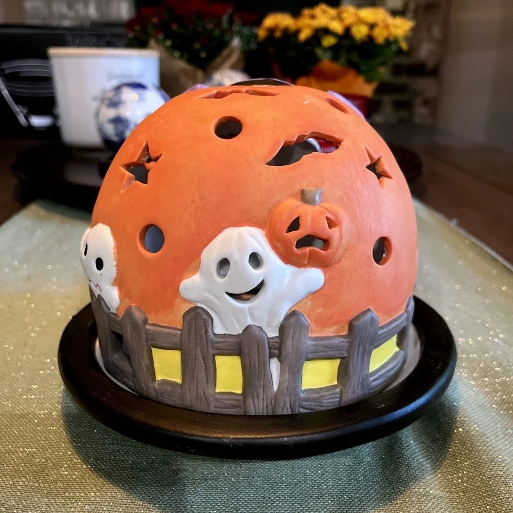 Halloween Tea Light Candle Dome Ghosts Pumpkins Bats Vintage 1999 Ceramic Spooky